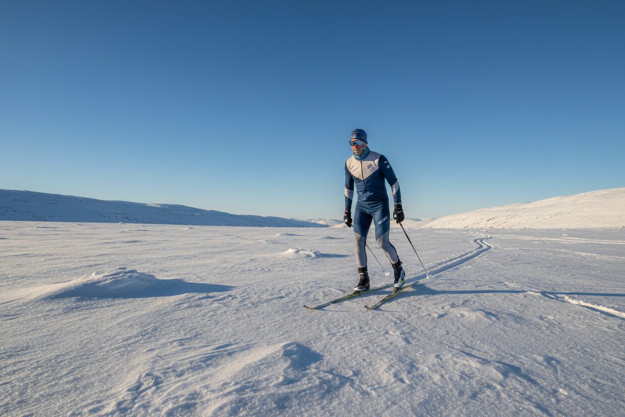 Skiløper med solbriller på snødekt fjellvidde i sterk sol