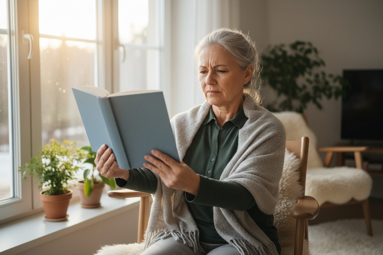 Person i 50-årene som leser med briller i godt lys